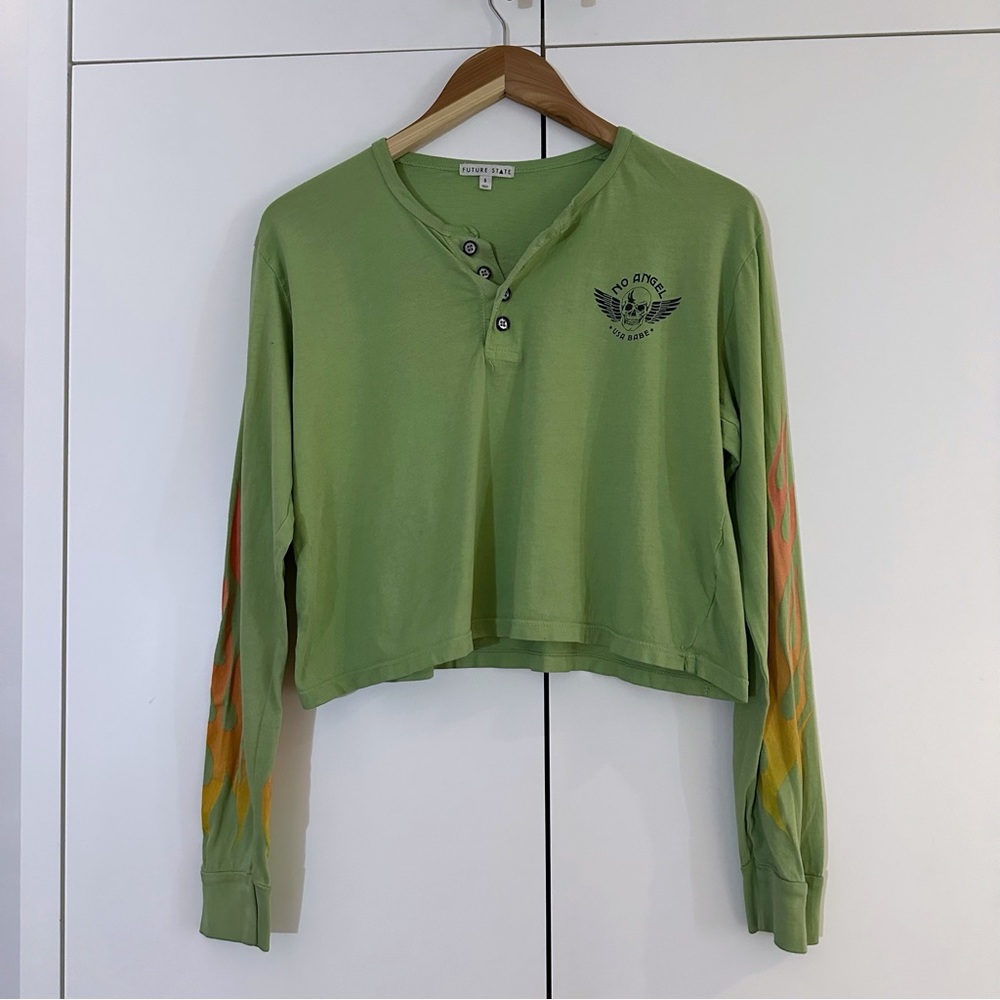 UO Future State Cropped Long Sleeve Flame Henley Biker T-shirt Urban Outfitters